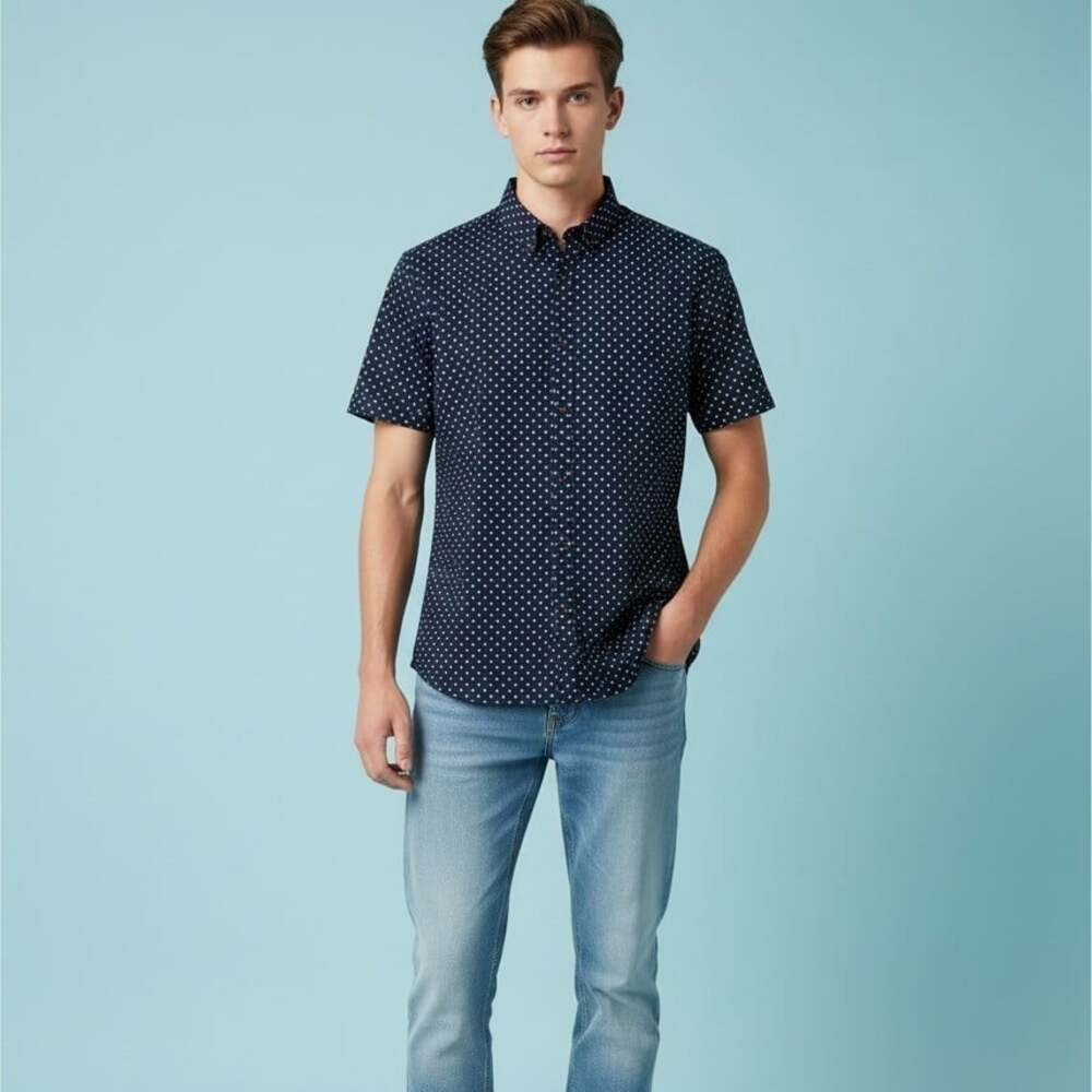 Cactus Man Ricky Singh Blue Polka Dot Slim Fit Short Sleeve Button Down Mens L